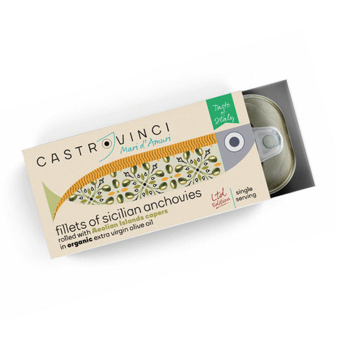 Fillets of anchovies rolled with capers in organic EVO oil 48g